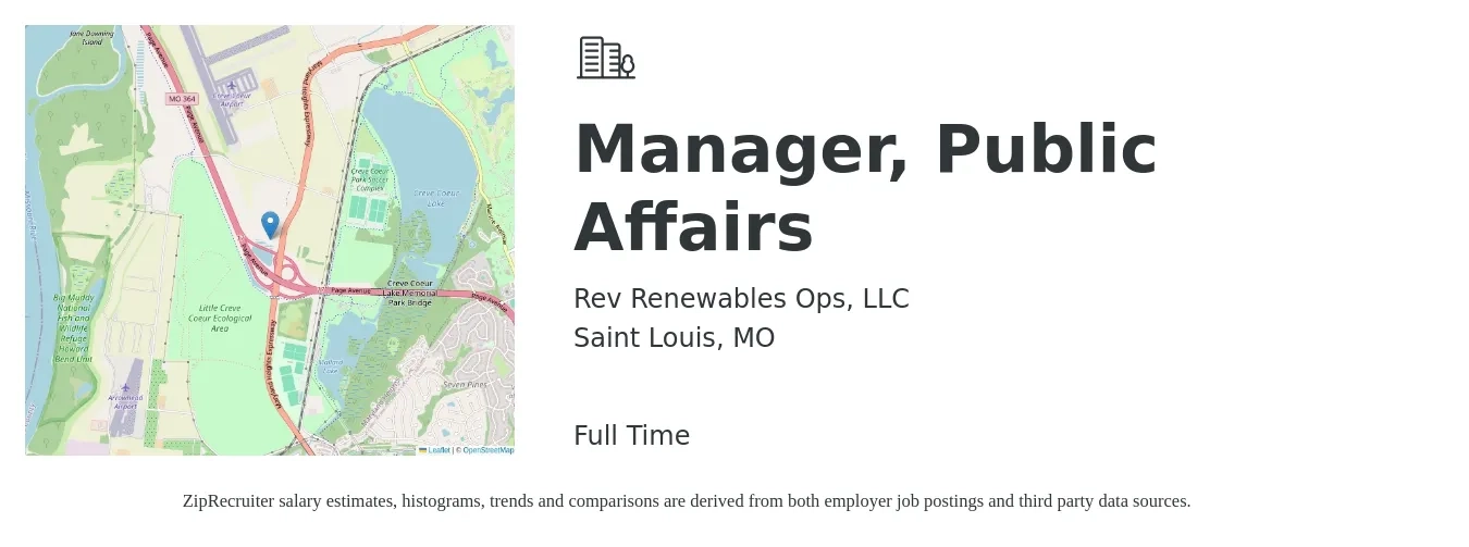Rev Renewables Ops, LLC job posting for a Manager, Public Affairs in Saint Louis, MO with a salary of $64,600 to $110,900 Yearly with a map of Saint Louis location.