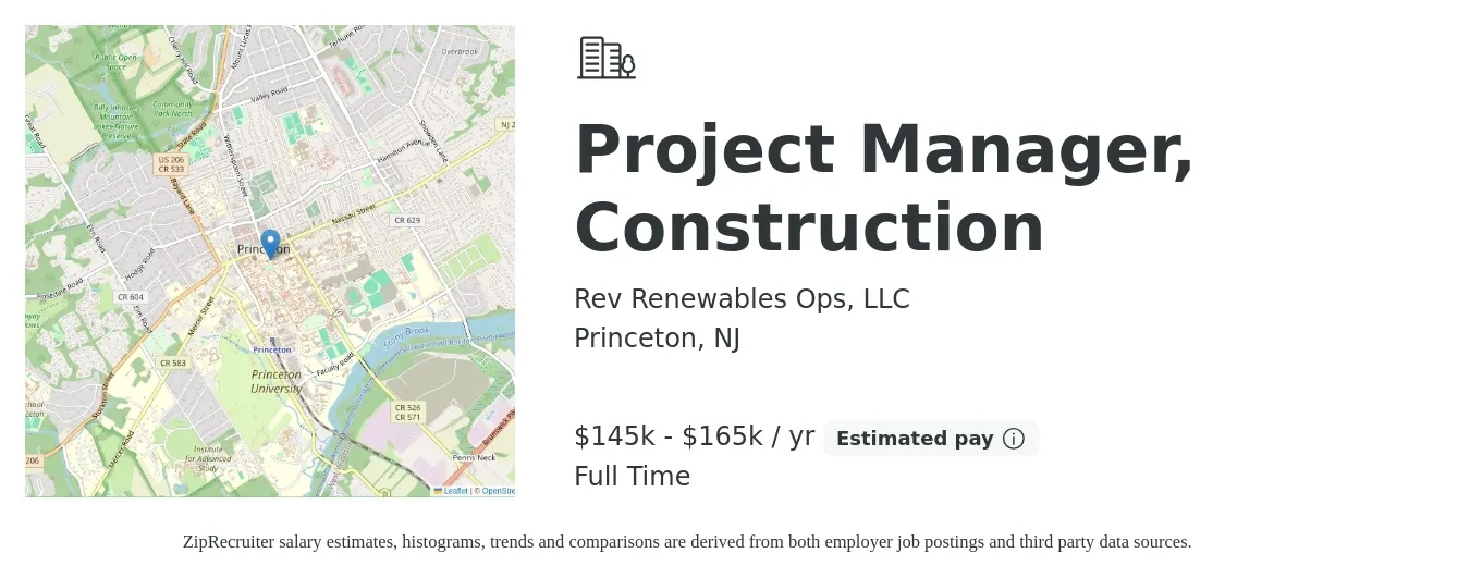 Rev Renewables Ops, LLC job posting for a Project Manager, Construction in Princeton, NJ with a salary of $145,000 to $165,000 Yearly with a map of Princeton location.
