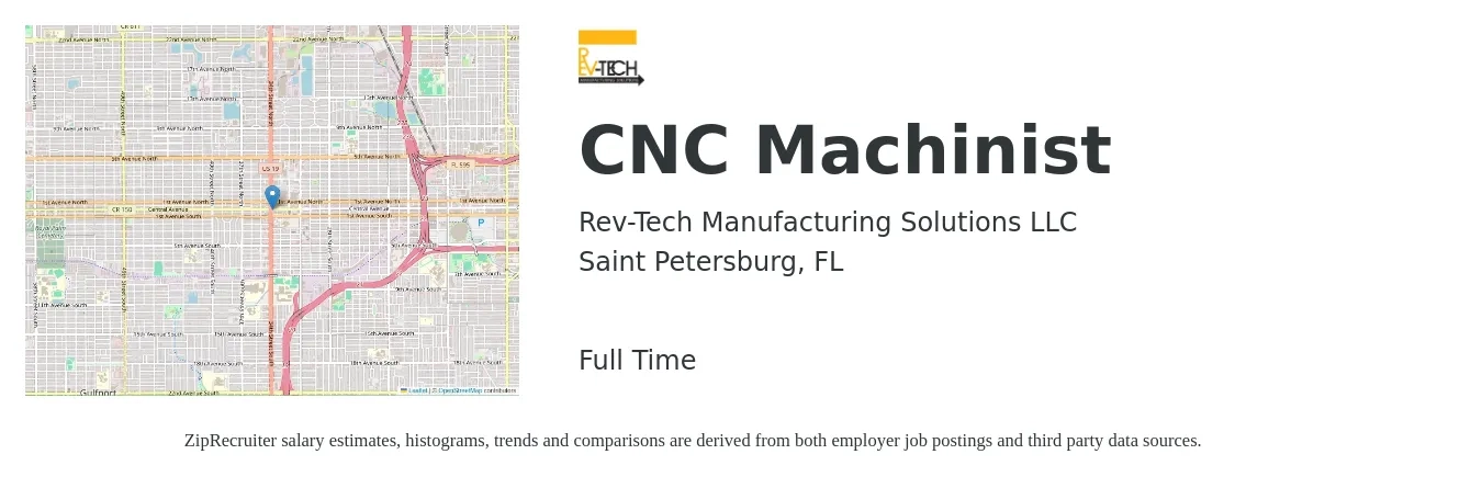 Rev-Tech Manufacturing Solutions LLC job posting for a CNC Machinist in Saint Petersburg, FL with a salary of $19 to $26 Hourly with a map of Saint Petersburg location.