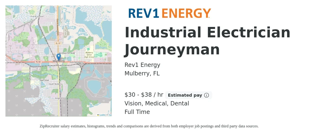 Rev1 Energy job posting for a Industrial Electrician Journeyman in Mulberry, FL with a salary of $32 to $40 Hourly and benefits including dental, life_insurance, medical, pto, retirement, and vision with a map of Mulberry location.