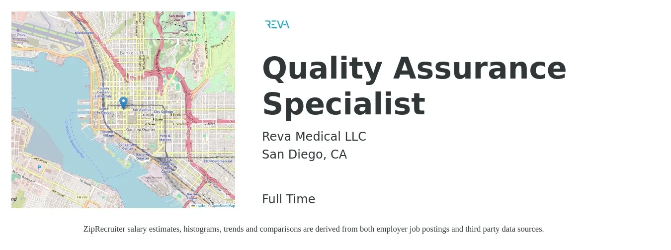 Reva Medical LLC job posting for a Quality Assurance Specialist in San Diego, CA with a salary of $55,000 to $65,000 Yearly with a map of San Diego location.