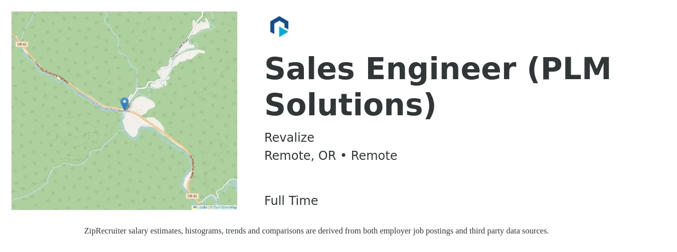 Revalize job posting for a Sales Engineer (PLM Solutions) in Remote, OR with a salary of $74,900 to $112,400 Yearly with a map of Remote location.