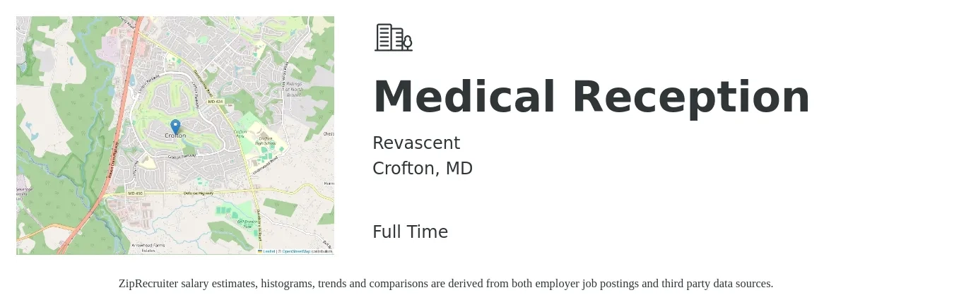 Revascent job posting for a Medical Reception in Crofton, MD with a salary of $16 to $18 Hourly with a map of Crofton location.