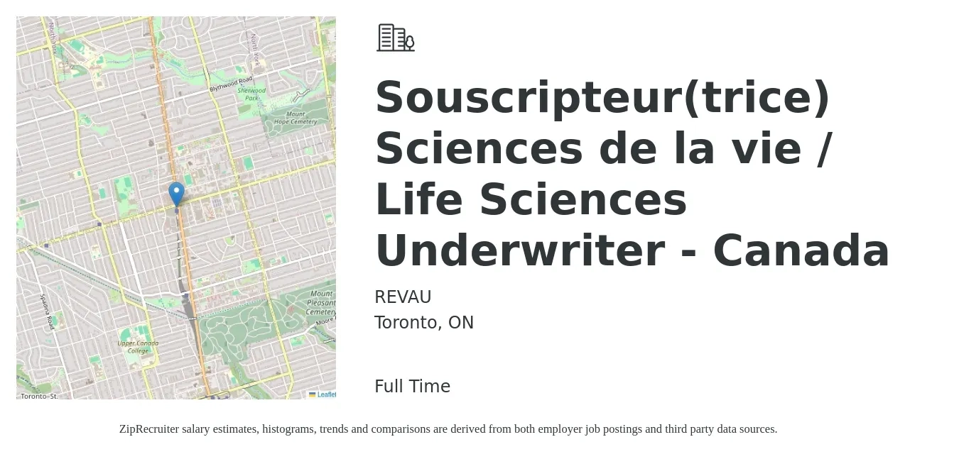 REVAU job posting for a Souscripteur(trice) Sciences de la vie / Life Sciences Underwriter - Canada in Toronto, ON with a map of Toronto location.