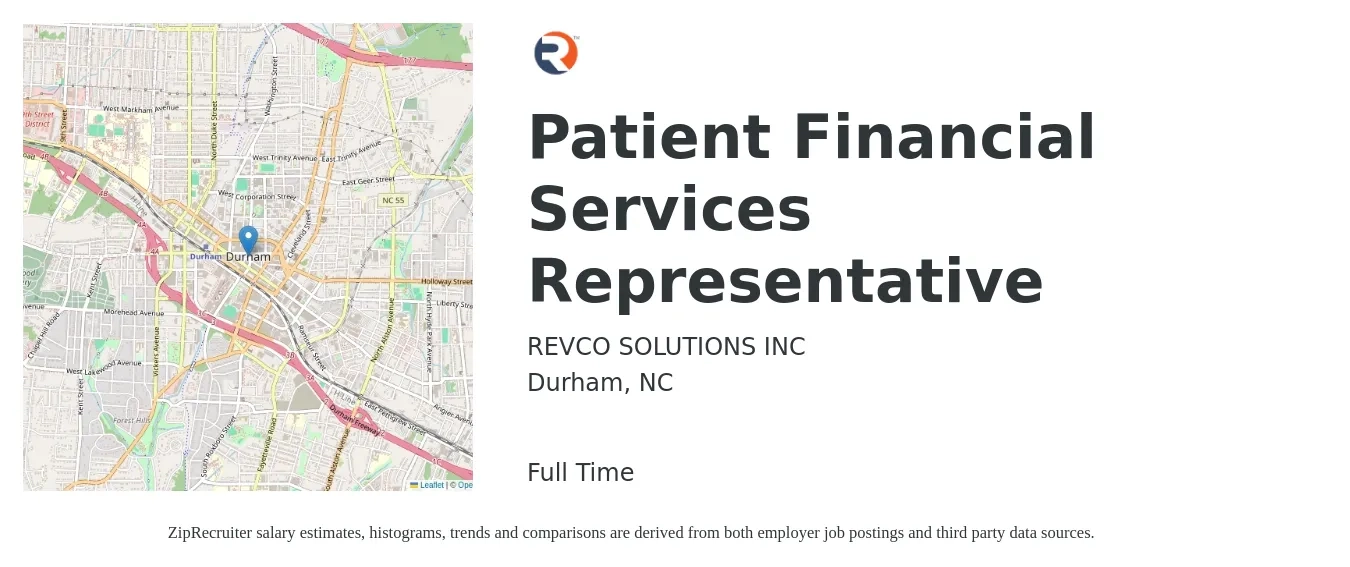 REVCO SOLUTIONS INC job posting for a Patient Financial Services Representative in Durham, NC with a salary of $16 to $18 Hourly with a map of Durham location.