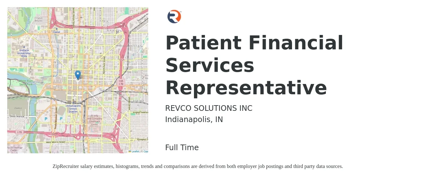 REVCO SOLUTIONS INC job posting for a Patient Financial Services Representative in Indianapolis, IN with a salary of $16 to $18 Hourly with a map of Indianapolis location.