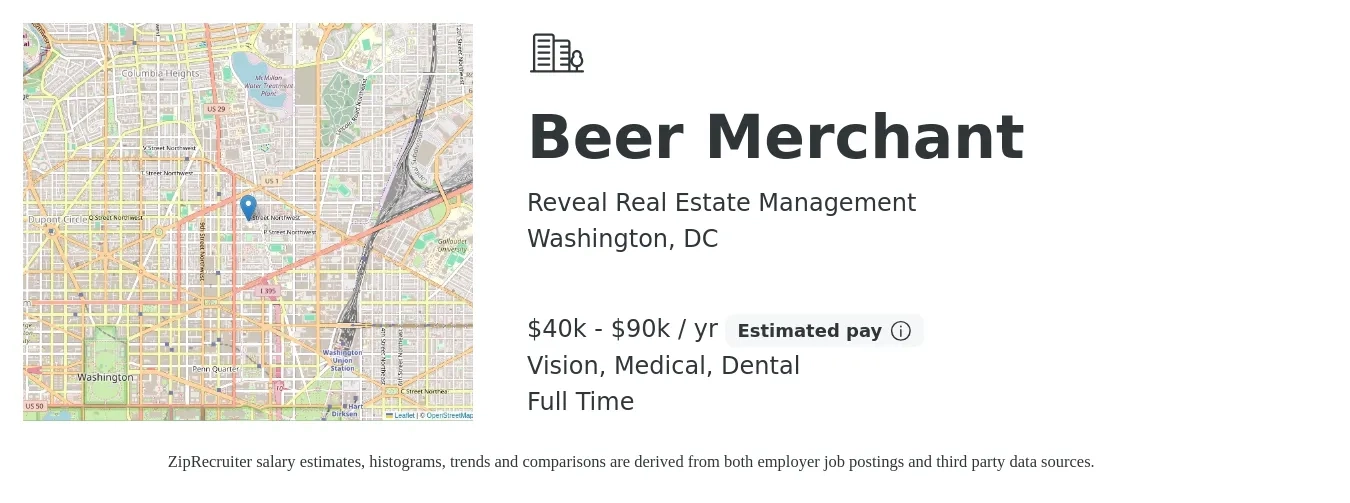 Reveal Real Estate Management job posting for a Beer Merchant in Washington, DC with a salary of $40,000 to $90,000 Yearly (plus commission) and benefits including dental, medical, retirement, and vision with a map of Washington location.