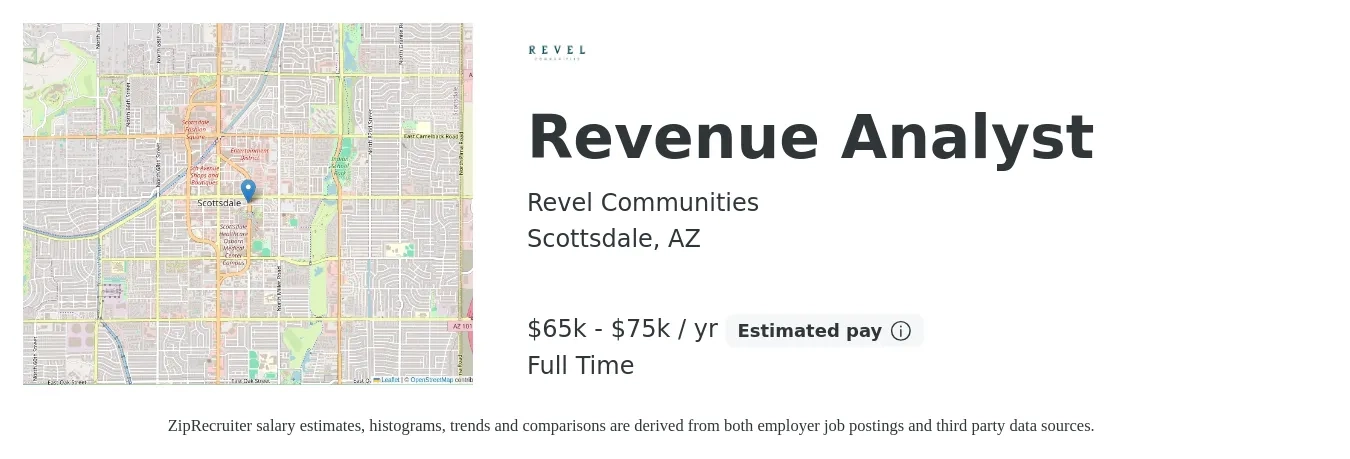 Revel Communities job posting for a Revenue Analyst in Scottsdale, AZ with a salary of $65,000 to $75,000 Yearly with a map of Scottsdale location.