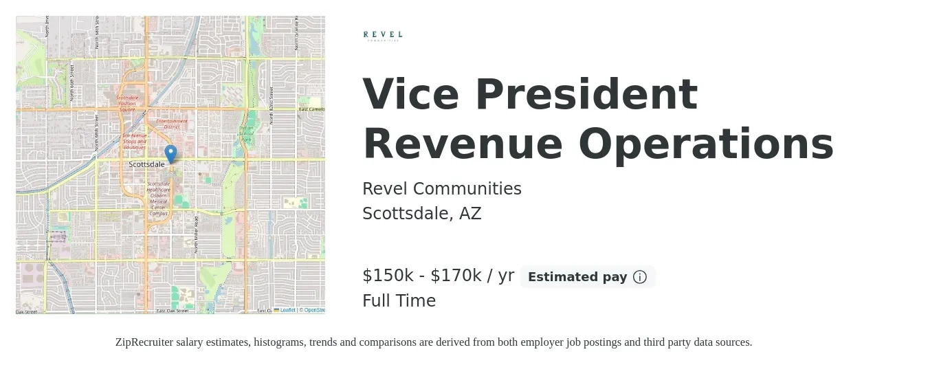 Revel Communities job posting for a Vice President Revenue Operations in Scottsdale, AZ with a salary of $150,000 to $170,000 Yearly with a map of Scottsdale location.