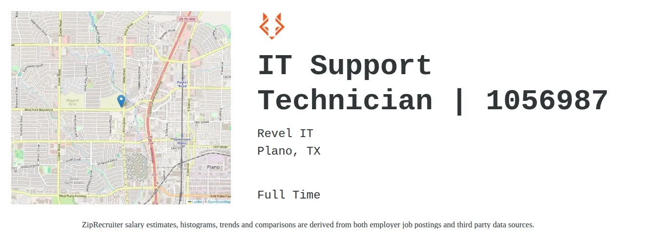 Revel IT job posting for a IT Support Technician | 1056987 in Plano, TX with a salary of $21 to $28 Hourly with a map of Plano location.