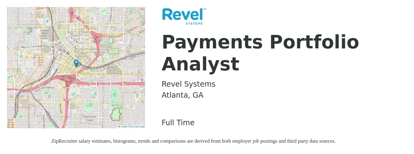 Revel Systems job posting for a Payments Portfolio Analyst in Atlanta, GA with a salary of $71,600 to $103,900 Yearly with a map of Atlanta location.