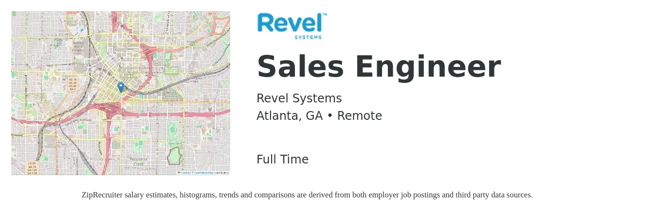 Revel Systems job posting for a Sales Engineer in Atlanta, GA with a salary of $72,100 to $108,200 Yearly with a map of Atlanta location.