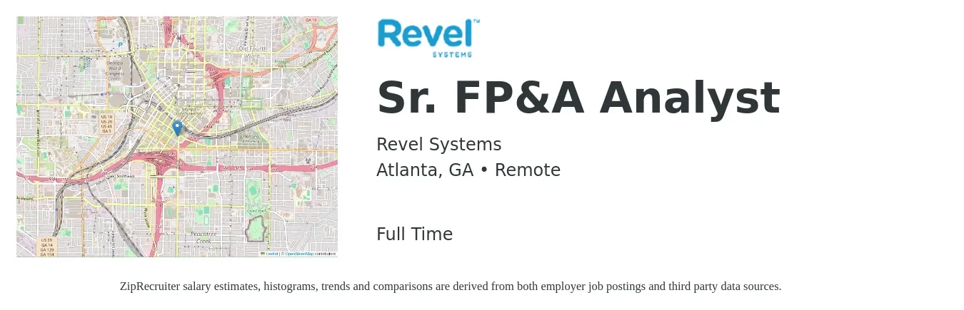 Revel Systems job posting for a Sr. FP&A Analyst in Atlanta, GA with a salary of $82,200 to $102,400 Yearly with a map of Atlanta location.