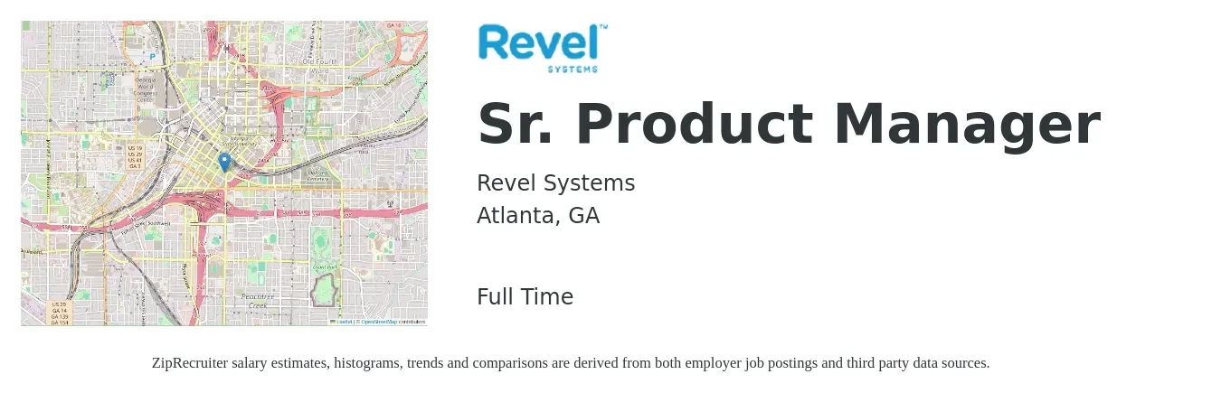 Revel Systems job posting for a Sr. Product Manager in Atlanta, GA with a salary of $121,600 to $160,600 Yearly with a map of Atlanta location.