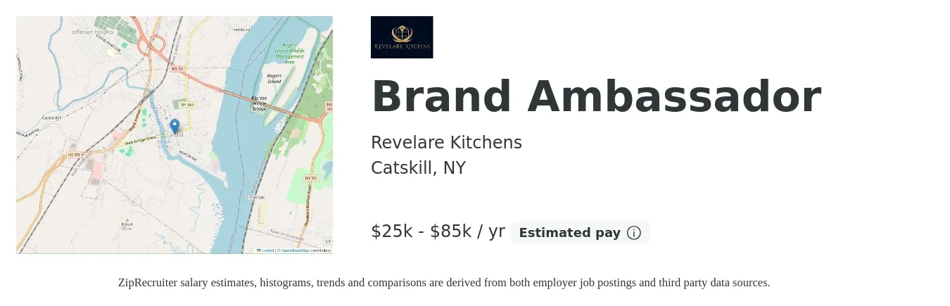 Revelare Kitchens job posting for a Brand Ambassador in Catskill, NY with a salary of $25,000 to $85,000 Yearly with a map of Catskill location.