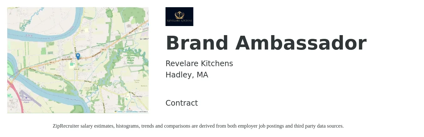 Revelare Kitchens job posting for a Brand Ambassador in Hadley, MA with a salary of $300 to $1,500 Weekly (plus commission) with a map of Hadley location.