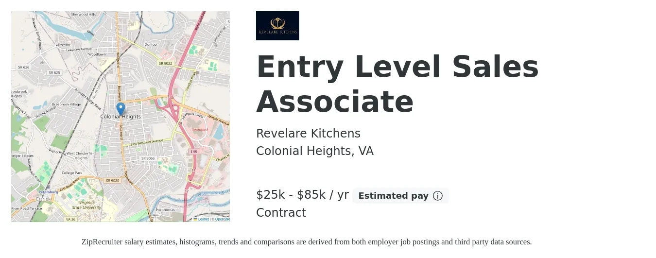 Revelare Kitchens job posting for a Entry Level Sales Associate in Colonial Heights, VA with a salary of $25,000 to $85,000 Yearly with a map of Colonial Heights location.
