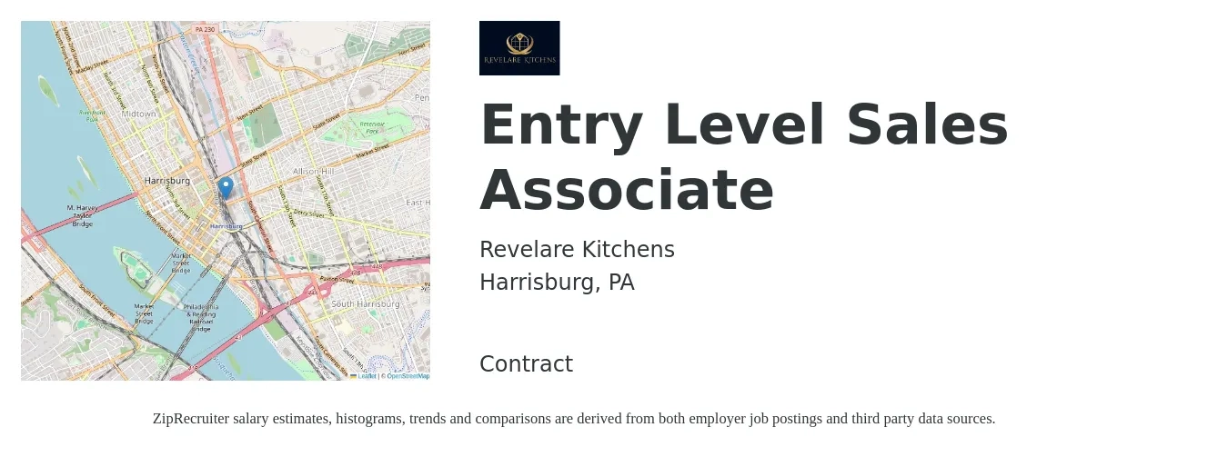 Revelare Kitchens job posting for a Entry Level Sales Associate in Harrisburg, PA with a salary of $300 to $1,500 Weekly (plus commission) with a map of Harrisburg location.