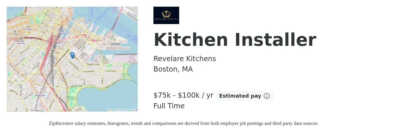 Revelare Kitchens job posting for a Kitchen Installer in Boston, MA with a salary of $75,000 to $100,000 Yearly with a map of Boston location.