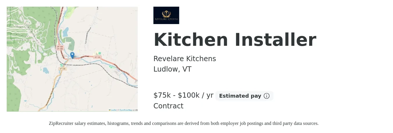 Revelare Kitchens job posting for a Kitchen Installer in Ludlow, VT with a salary of $75,000 to $100,000 Yearly with a map of Ludlow location.