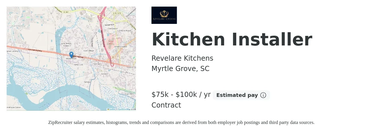 Revelare Kitchens job posting for a Kitchen Installer in Myrtle Grove, SC with a salary of $75,000 to $100,000 Yearly with a map of Myrtle Grove location.
