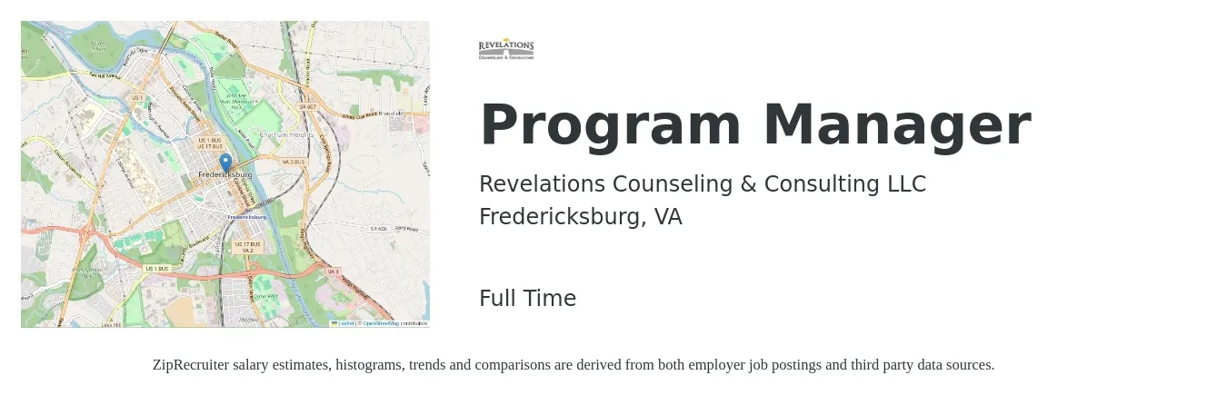 Revelations Counseling & Consulting LLC job posting for a Program Manager in Fredericksburg, VA with a salary of $78,400 to $130,700 Yearly with a map of Fredericksburg location.