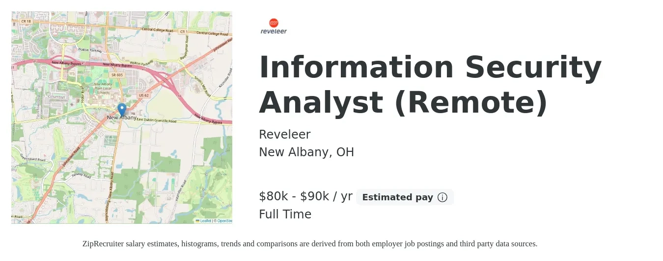 Reveleer job posting for a Information Security Analyst (Remote) in New Albany, OH with a salary of $80,000 to $90,000 Yearly with a map of New Albany location.