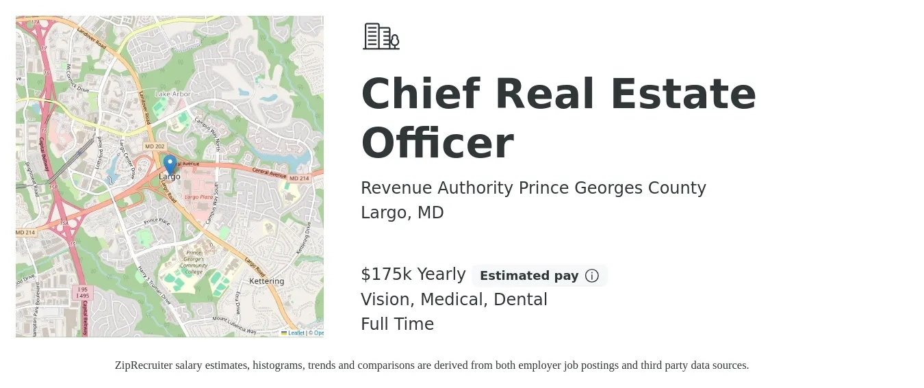 Revenue Authority Prince Georges County job posting for a Chief Real Estate Officer in Largo, MD with a salary of $175,000 Yearly and benefits including dental, medical, retirement, and vision with a map of Largo location.