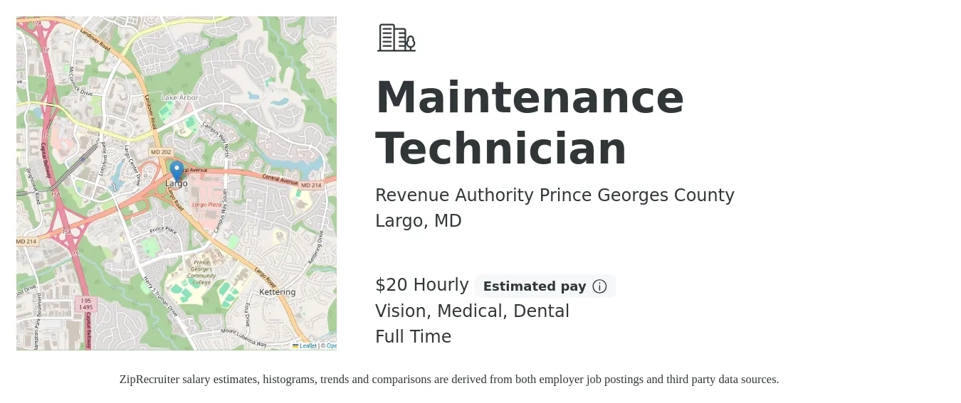 Revenue Authority Prince Georges County job posting for a Maintenance Technician in Largo, MD with a salary of $21 Hourly and benefits including dental, medical, retirement, and vision with a map of Largo location.
