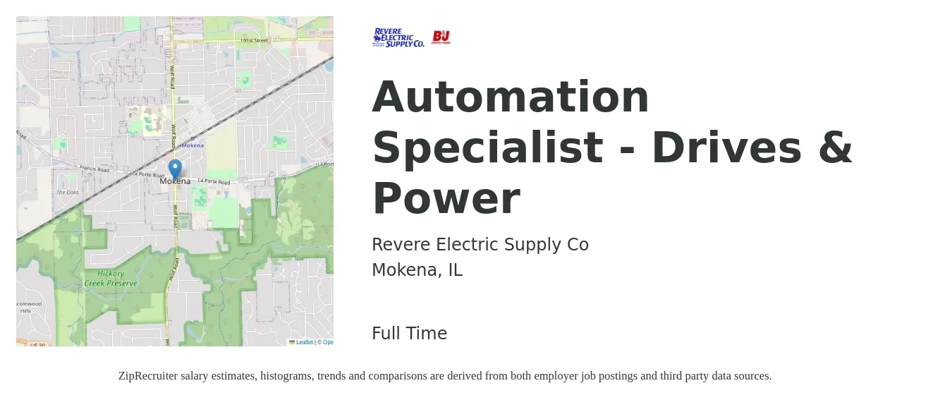 Revere Electric Supply Co job posting for a Automation Specialist - Drives & Power in Mokena, IL with a salary of $56,100 to $96,900 Yearly with a map of Mokena location.