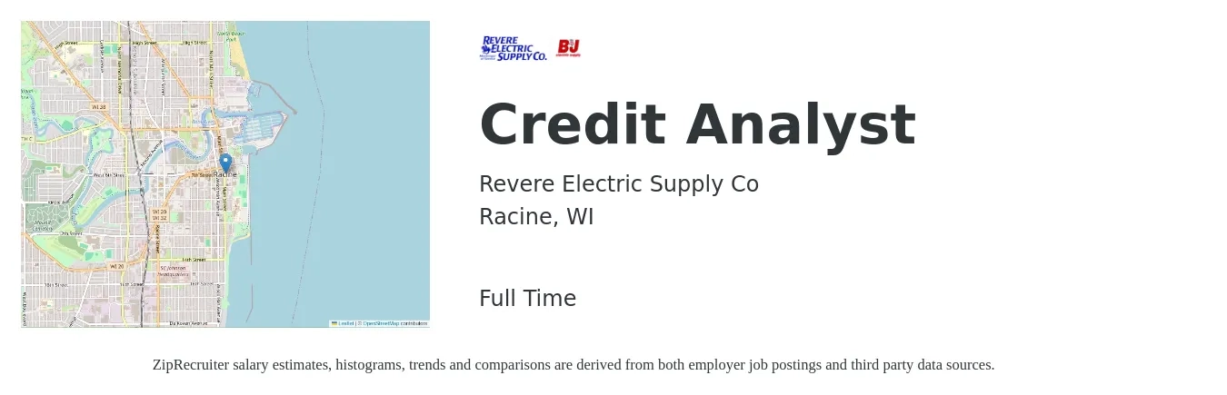 Revere Electric Supply Co job posting for a Credit Analyst in Racine, WI with a salary of $22 to $33 Hourly with a map of Racine location.