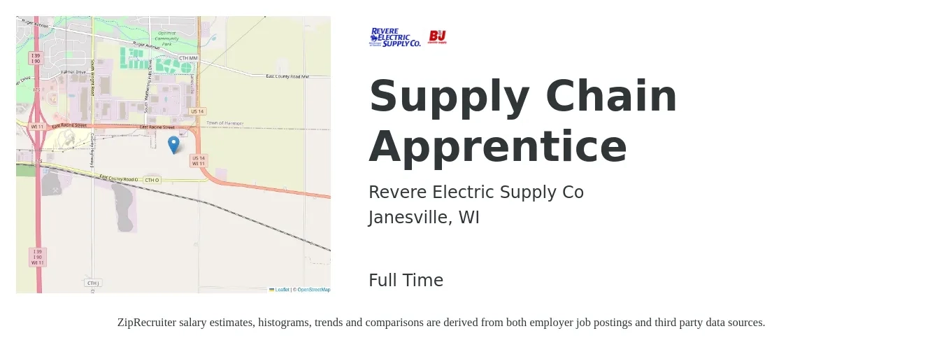 Revere Electric Supply Co job posting for a Supply Chain Apprentice in Janesville, WI with a salary of $18 to $29 Hourly with a map of Janesville location.