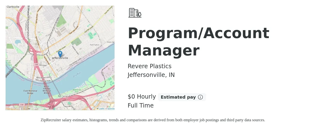 Revere Plastics job posting for a Program/Account Manager in Jeffersonville, IN with a salary of $1 Hourly with a map of Jeffersonville location.
