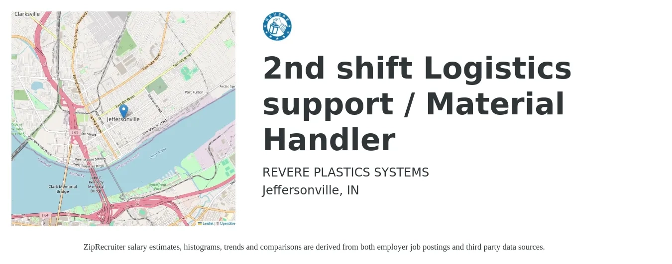 REVERE PLASTICS SYSTEMS job posting for a 2nd shift Logistics support / Material Handler in Jeffersonville, IN with a salary of $16 to $20 Hourly with a map of Jeffersonville location.