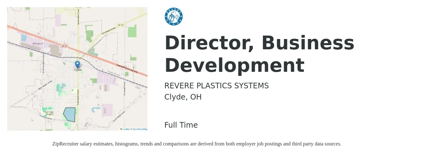 REVERE PLASTICS SYSTEMS job posting for a Director, Business Development in Clyde, OH with a salary of $87,200 to $141,200 Yearly with a map of Clyde location.