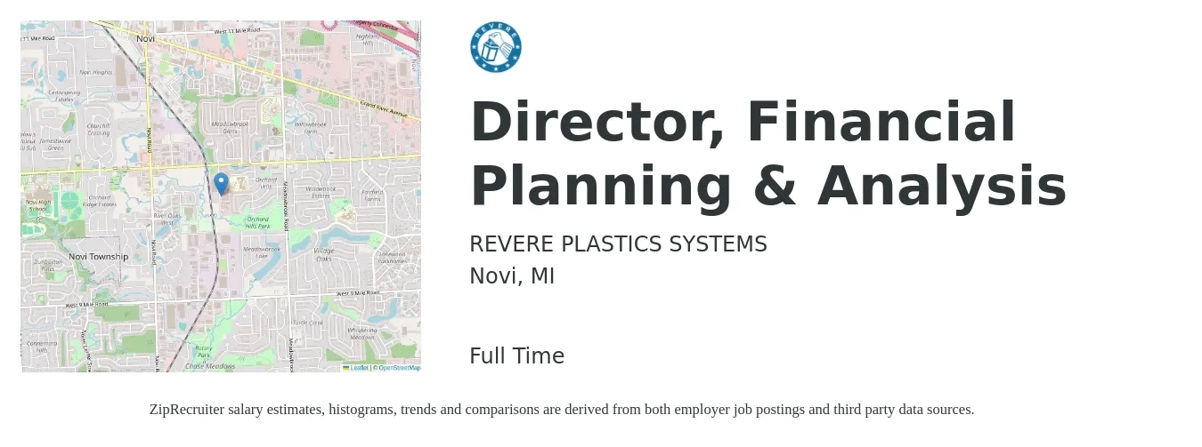 REVERE PLASTICS SYSTEMS job posting for a Director, Financial Planning & Analysis in Novi, MI with a salary of $134,600 to $171,300 Yearly with a map of Novi location.