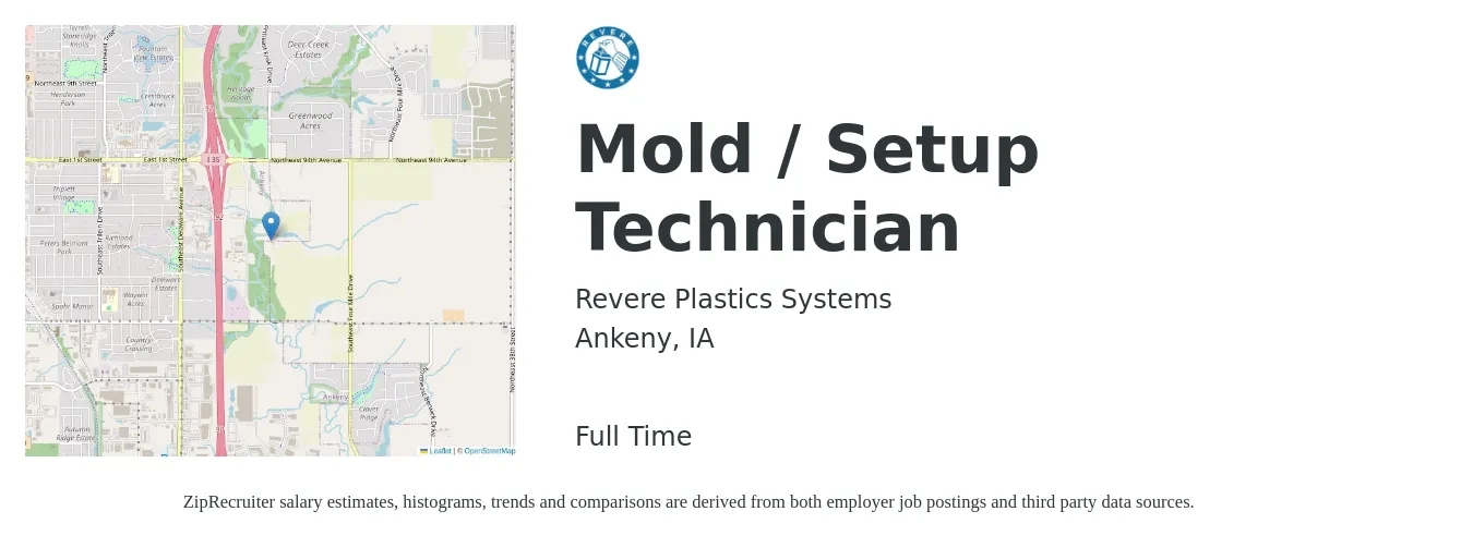 Revere Plastics Systems job posting for a Mold / Setup Technician in Ankeny, IA with a salary of $20 to $28 Hourly with a map of Ankeny location.