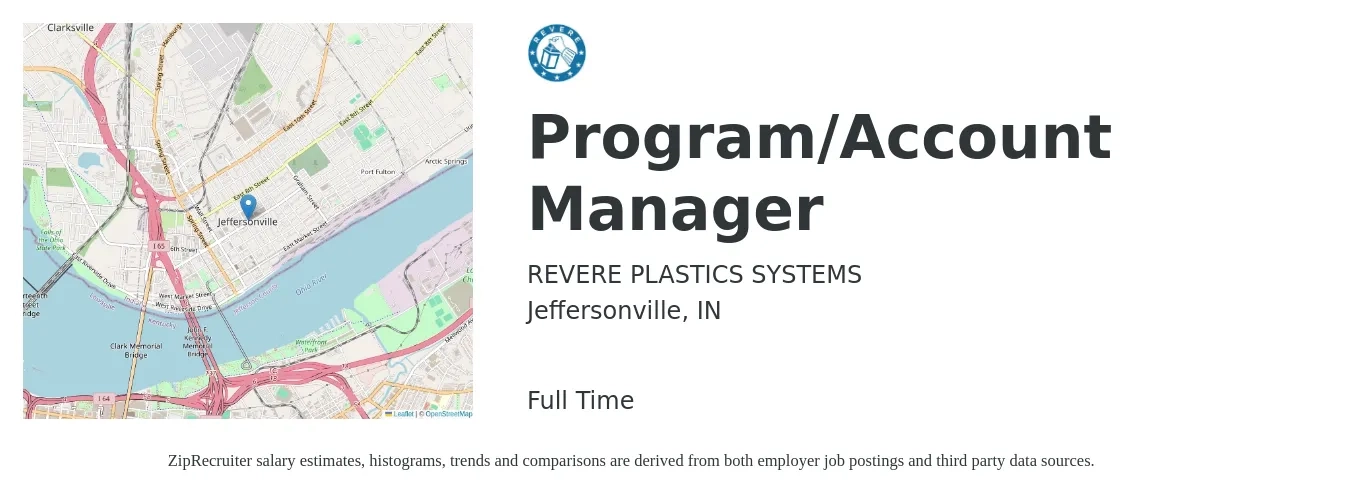 Revere Plastics Systems job posting for a Program/Account Manager in Jeffersonville, IN with a salary of $46,000 to $75,300 Yearly with a map of Jeffersonville location.