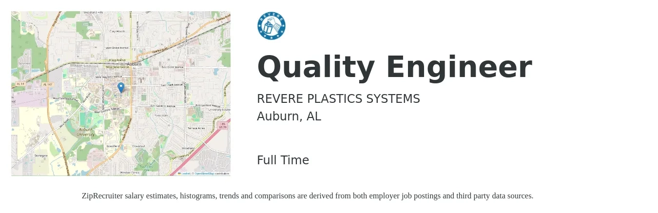 REVERE PLASTICS SYSTEMS job posting for a Quality Engineer in Auburn, AL with a salary of $61,800 to $79,800 Yearly with a map of Auburn location.