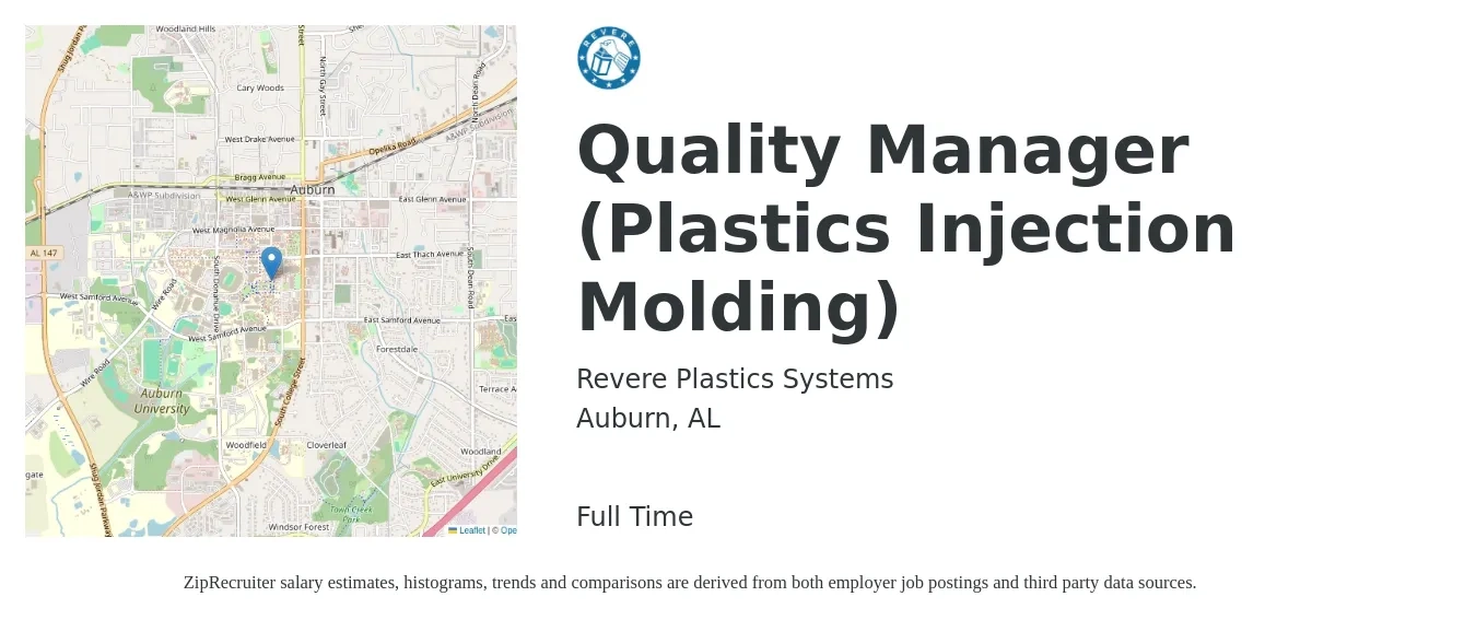 Revere Plastics Systems job posting for a Quality Manager (Plastics Injection Molding) in Auburn, AL with a salary of $58,900 to $91,900 Yearly with a map of Auburn location.