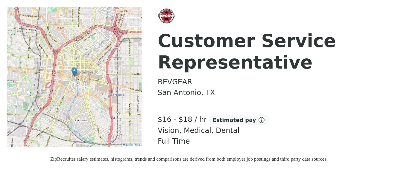 REVGEAR job posting for a Customer Service Representative in San Antonio, TX with a salary of $17 to $19 Hourly and benefits including dental, medical, pto, retirement, and vision with a map of San Antonio location.