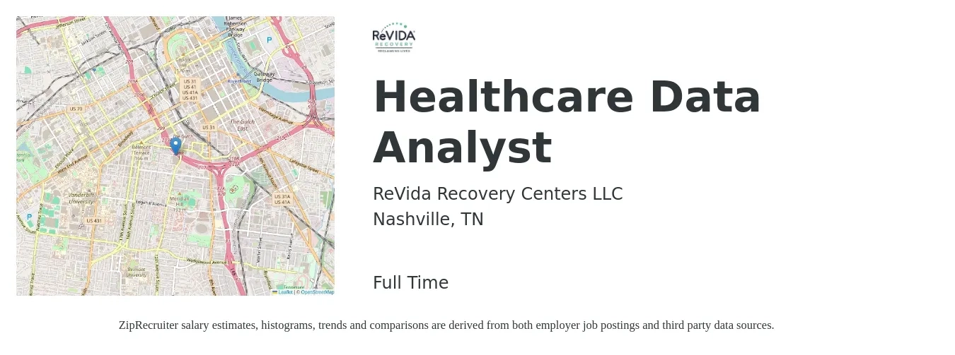 ReVida Recovery Centers LLC job posting for a Healthcare Data Analyst in Nashville, TN with a salary of $29 to $42 Hourly with a map of Nashville location.