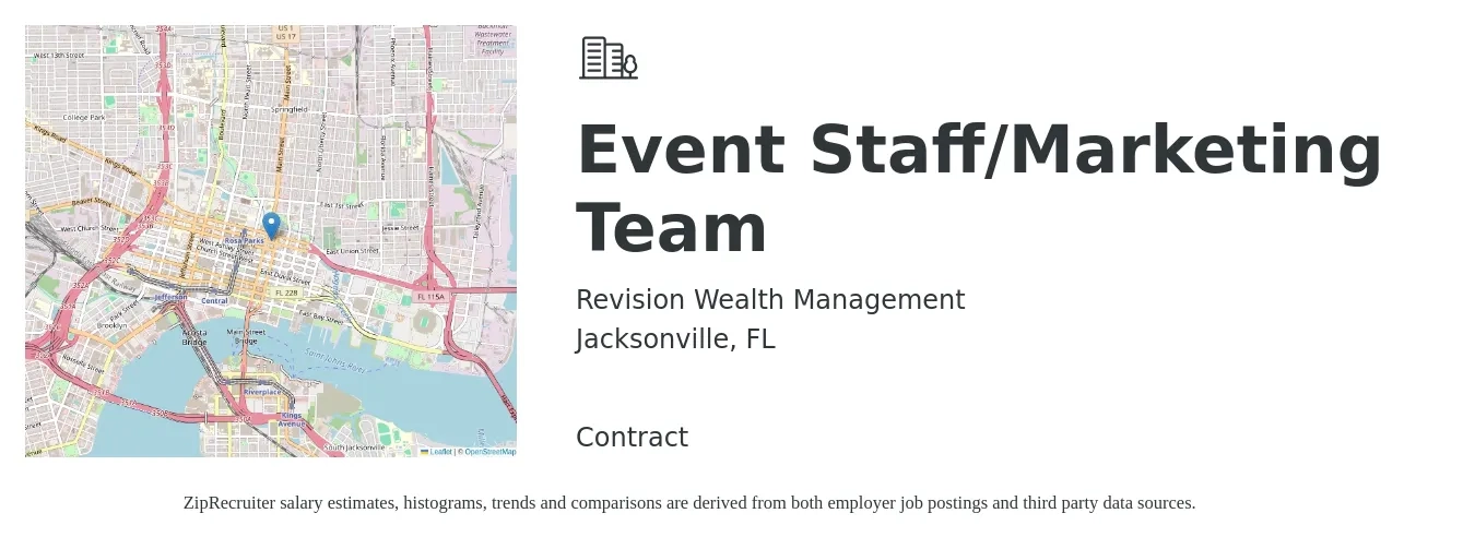 Revision Wealth Management job posting for a Event Staff/Marketing Team in Jacksonville, FL with a salary of $36,000 to $42,300 Yearly with a map of Jacksonville location.