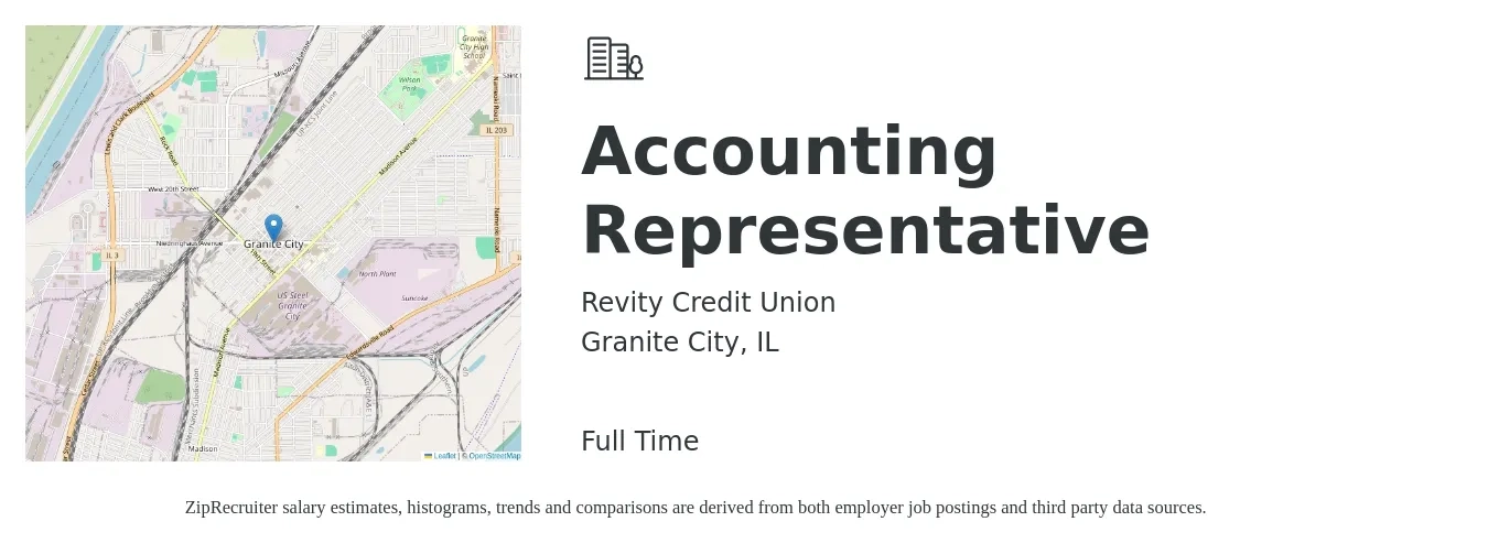 Revity Credit Union job posting for a Accounting Representative in Granite City, IL with a salary of $17 to $26 Hourly with a map of Granite City location.