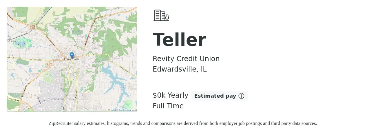 Revity Credit Union job posting for a Teller in Edwardsville, IL with a salary of $16 Hourly with a map of Edwardsville location.
