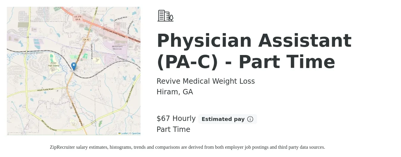 Revive Medical Weight Loss job posting for a Physician Assistant (PA-C) - Part Time in Hiram, GA with a salary of $70 Hourly with a map of Hiram location.