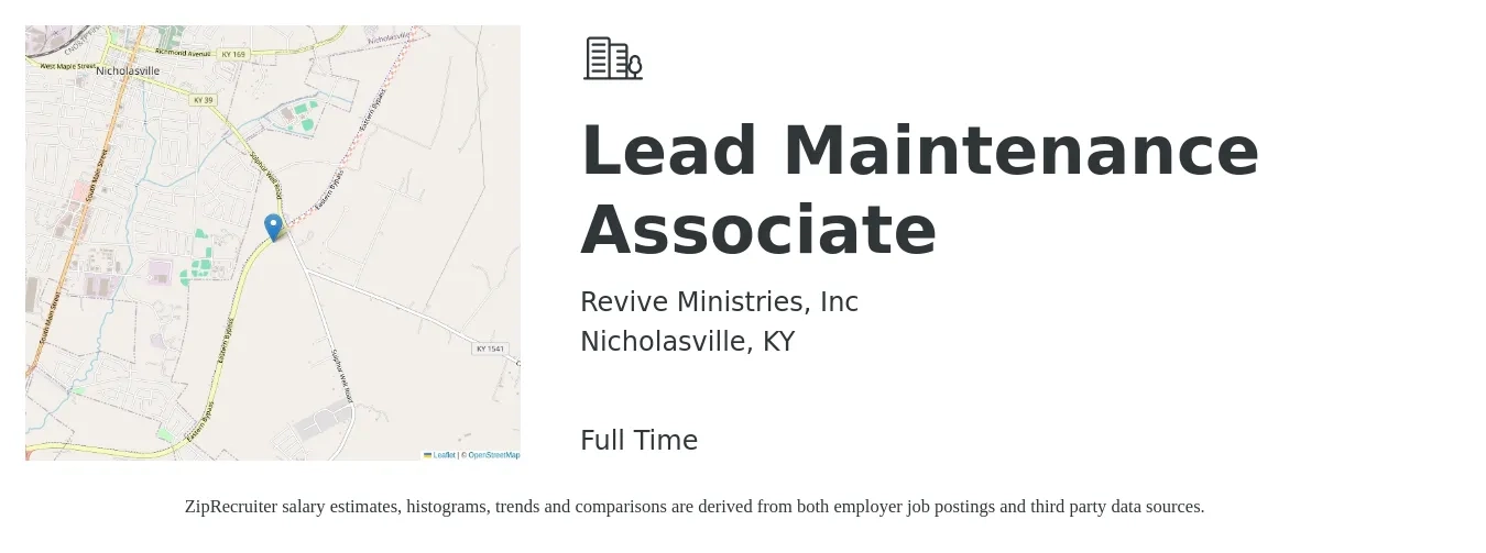 Revive Ministries, Inc job posting for a Lead Maintenance Associate in Nicholasville, KY with a salary of $18 to $28 Hourly with a map of Nicholasville location.