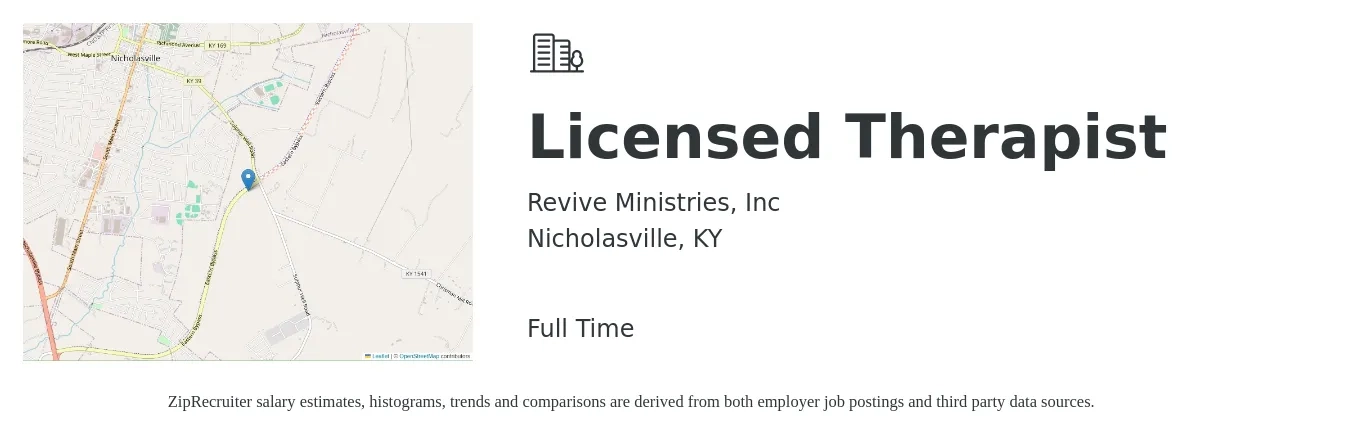 Revive Ministries, Inc job posting for a Licensed Therapist in Nicholasville, KY with a salary of $28 to $44 Hourly with a map of Nicholasville location.