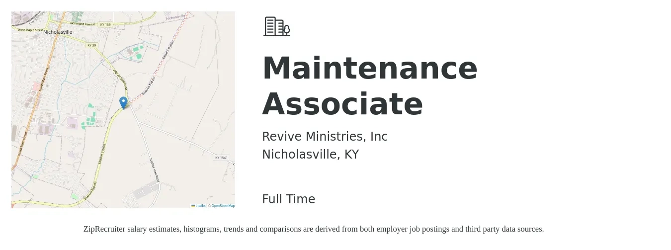 Revive Ministries, Inc job posting for a Maintenance Associate in Nicholasville, KY with a salary of $14 to $20 Hourly with a map of Nicholasville location.