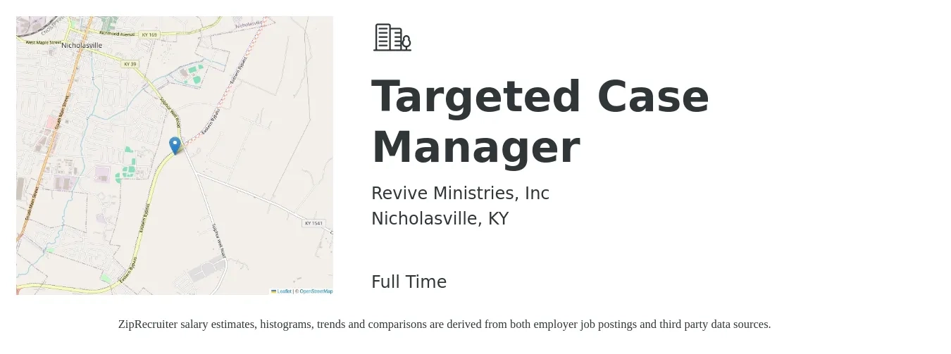Revive Ministries, Inc job posting for a Targeted Case Manager in Nicholasville, KY with a salary of $18 to $23 Hourly with a map of Nicholasville location.